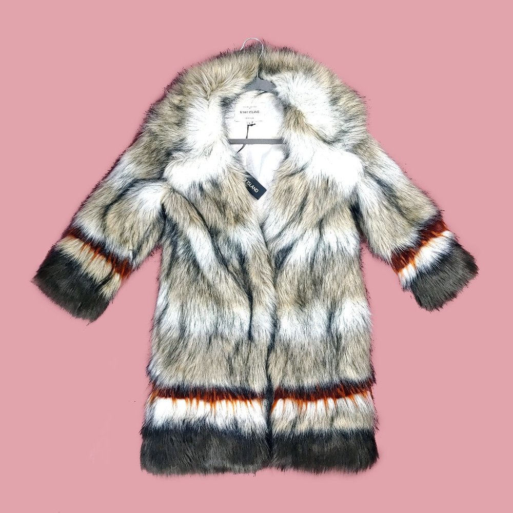 River Island shaggy stripe faux fur coat NWT
